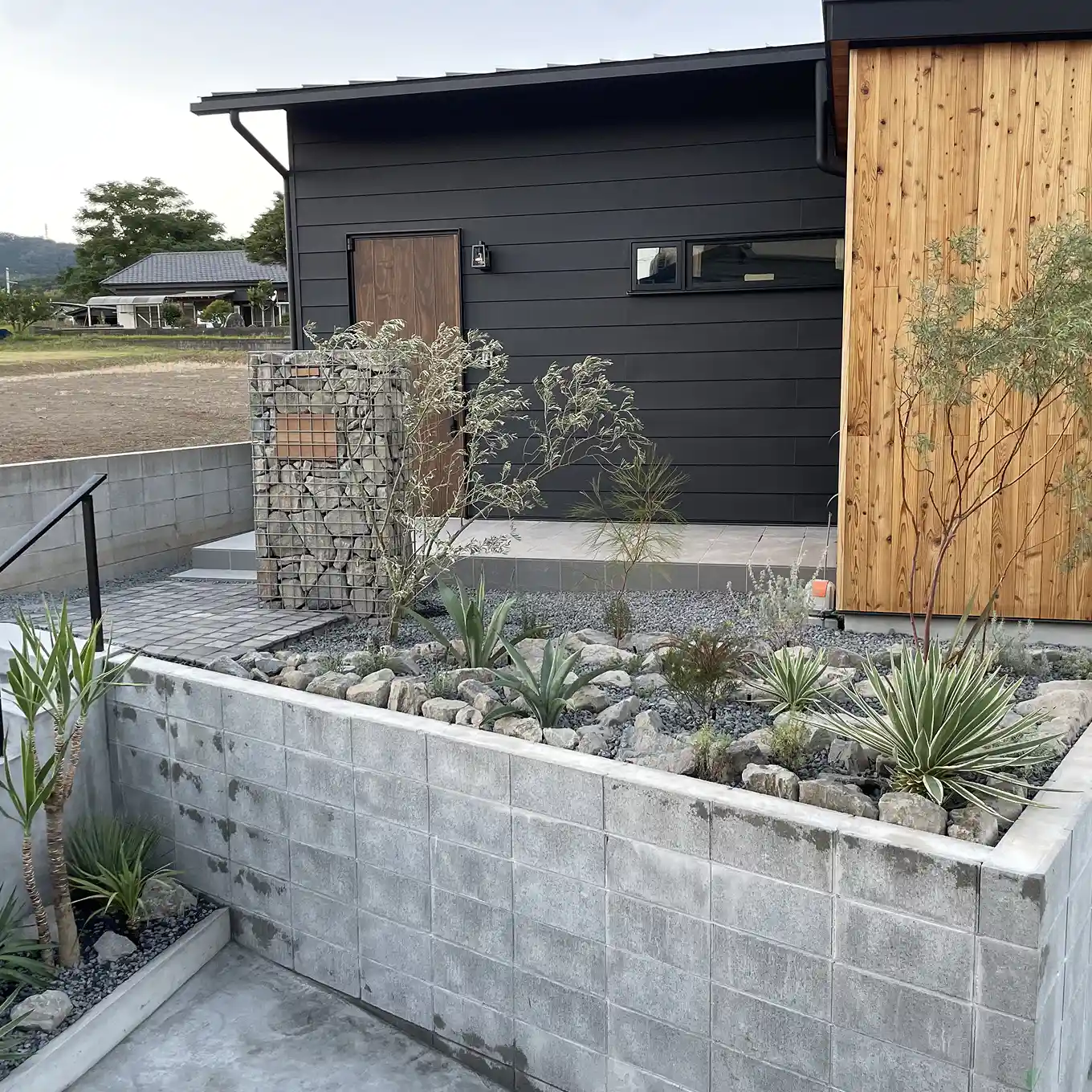 住宅の外構に整備された植栽スペース。低木や多肉植物がブロック塀に囲まれて植えられている。
